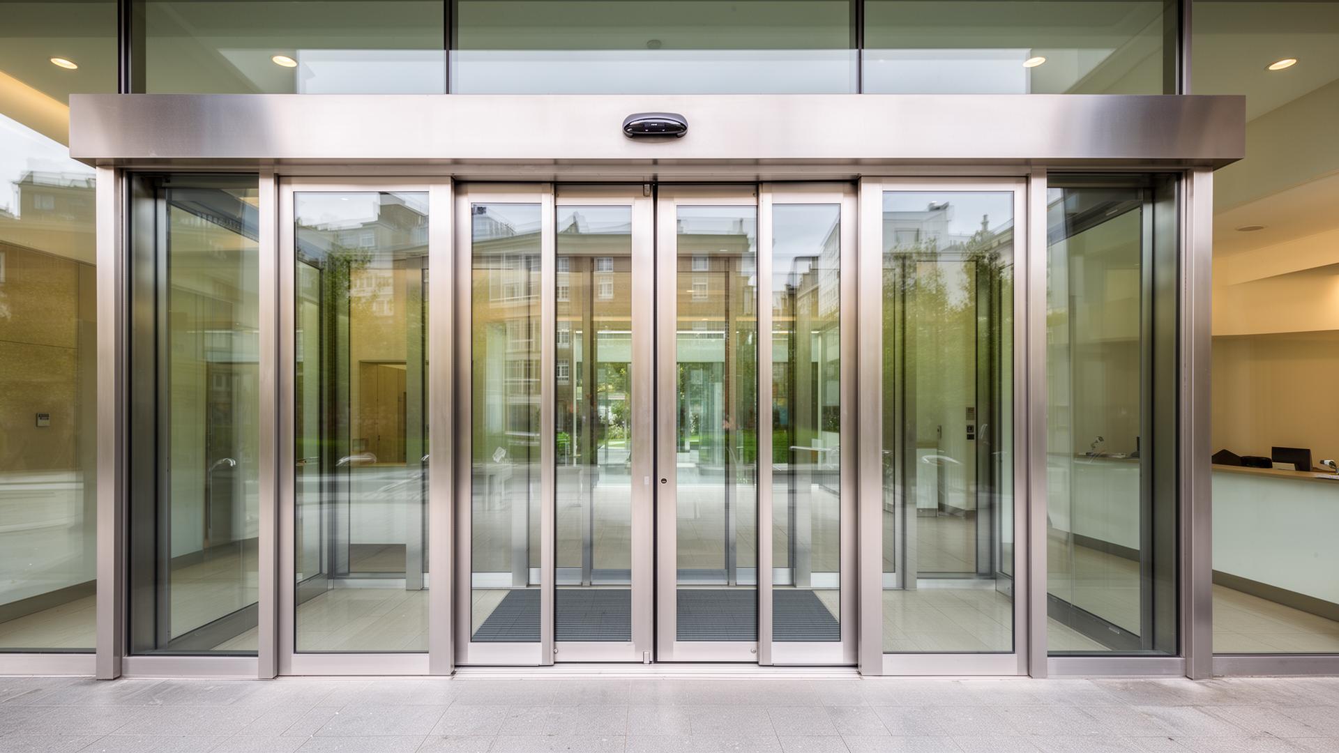 Automatic aluminium entrance doors at a commercial reception lobby