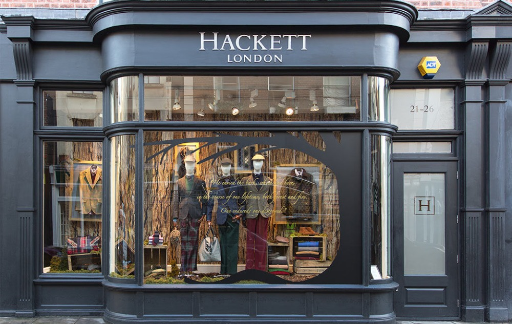 Hackett London — heritage timber shopfront with curved bay window – Prestige Aluminium Systems